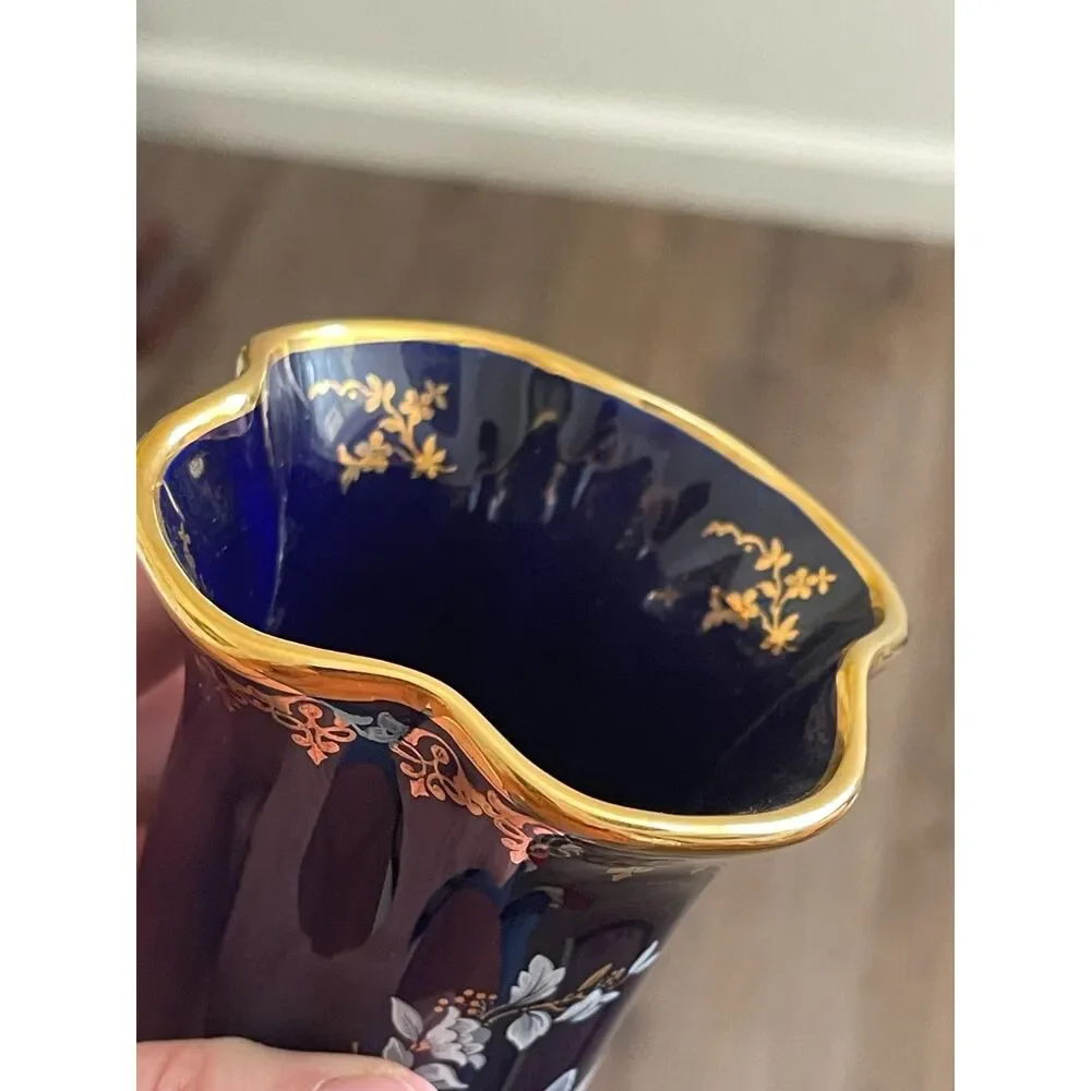 VTG Limoges France Cobalt Blue & Gold Butterfly Floral Vase Diffuse Par Valette